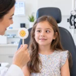 Niña siendo examinada por oftalmóloga con tarjeta de sol durante prueba de visión
