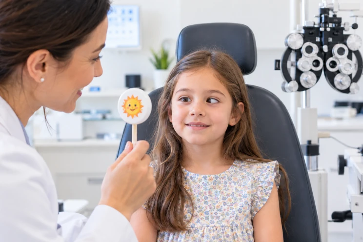 Niña siendo examinada por oftalmóloga con tarjeta de sol durante prueba de visión