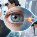 Composición de imágenes sobre el cuidado ocular, incluyendo examen de glaucoma, atención médica y vida cotidiana.