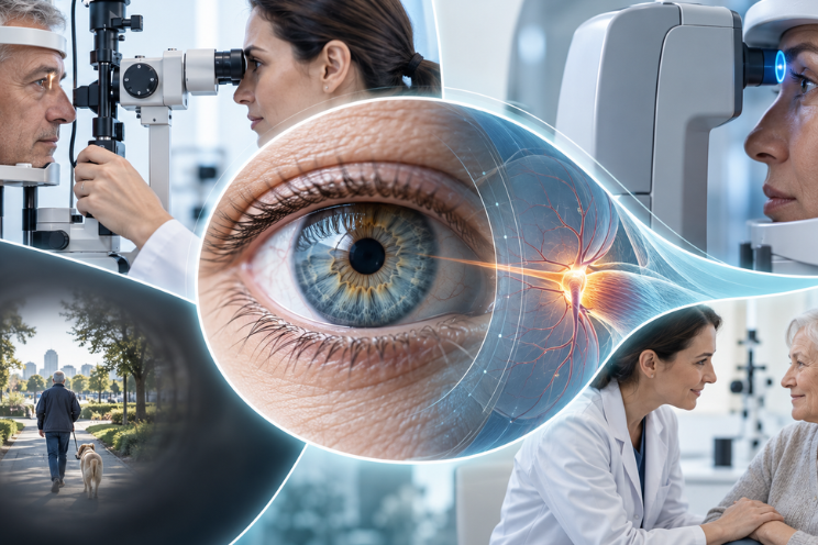 Composición de imágenes sobre el cuidado ocular, incluyendo examen de glaucoma, atención médica y vida cotidiana.