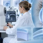 Profesional de la salud realizando un examen de paquimetría a una paciente con equipo especializado