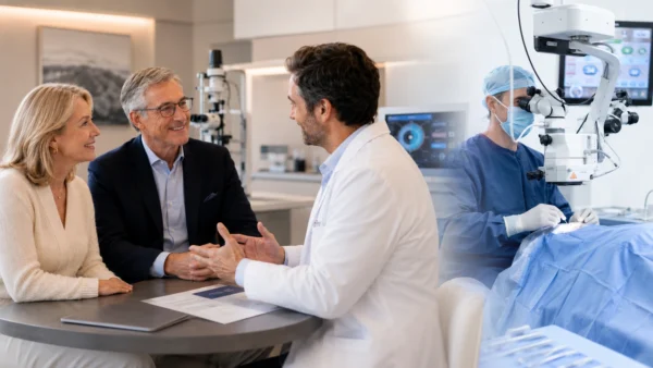Médico explicando procedimiento de cirugía refractiva a pareja de adultos en Clínica AVI