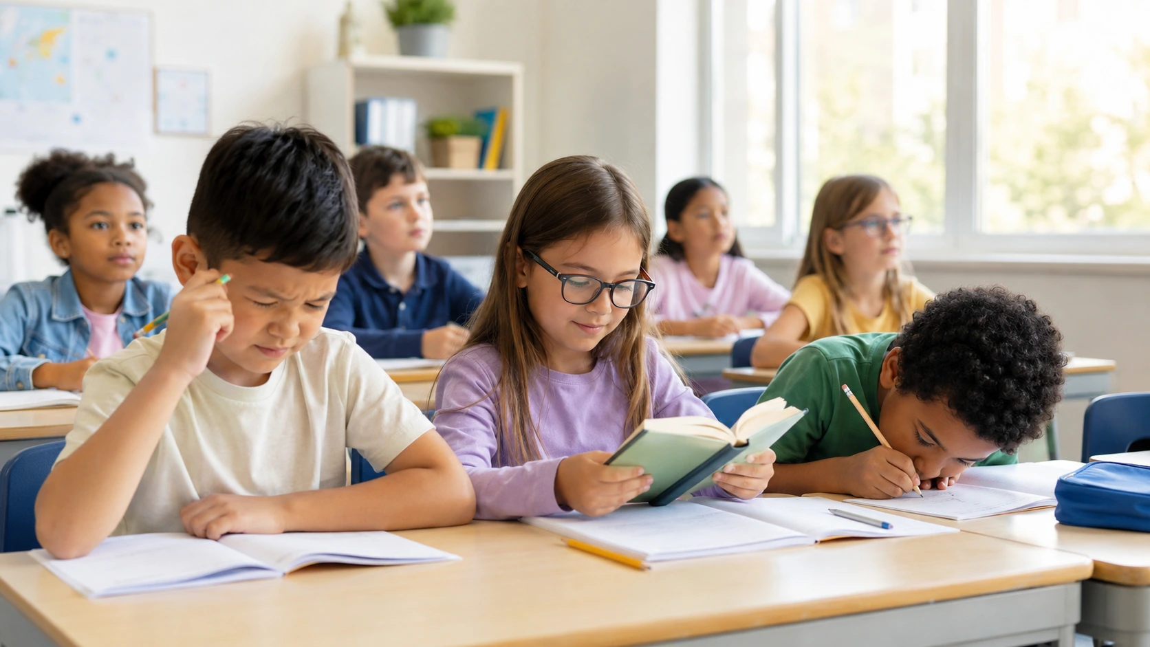 Niño en aula tocándose el ojo mientras estudia, posiblemente indicando necesidad de consulta oftalmológica pediátrica