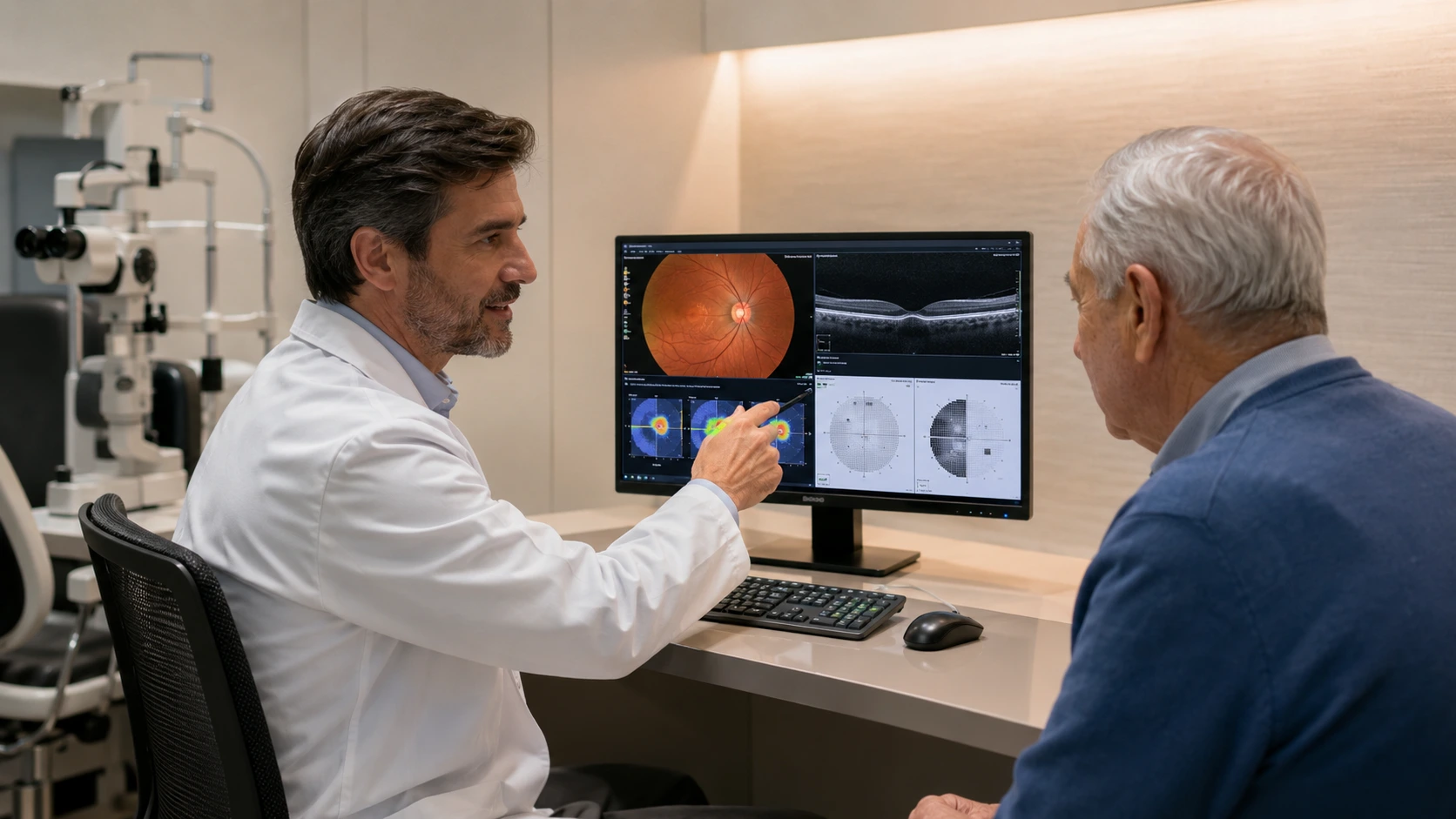 médico especialista en glaucoma con pacuente en consultorio
