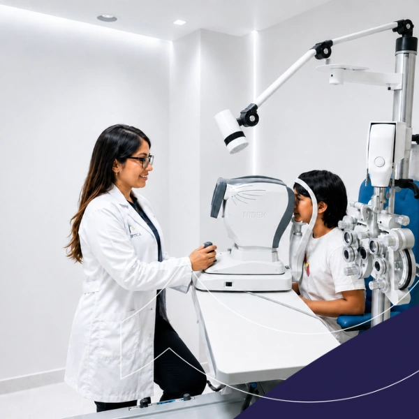 Optometrista realizando un examen de la vista a un niño en Bogotá