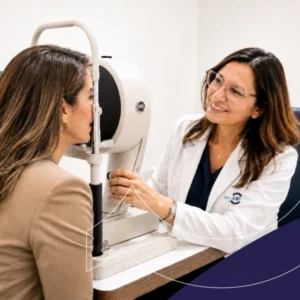 Profesional de la salud realizando un examen ocular a una paciente