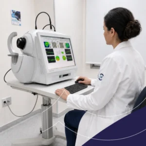 Profesional usando equipo de tomografía óptica en consultorio