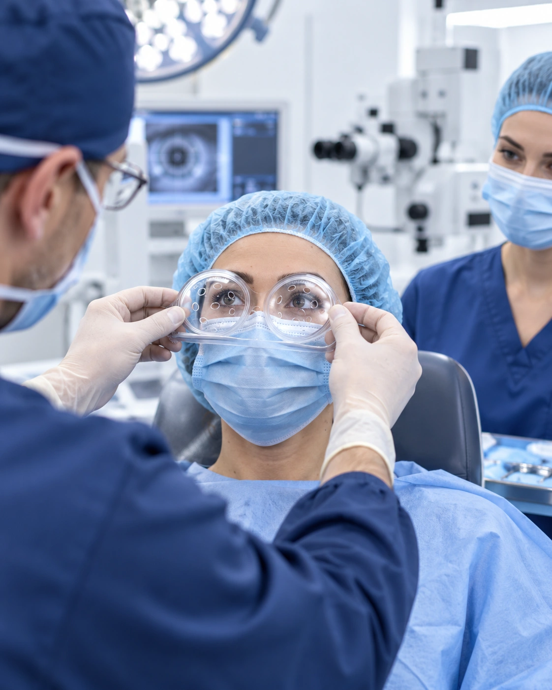 Médico ajustando gafas protectoras a paciente antes de cirugía Lasik