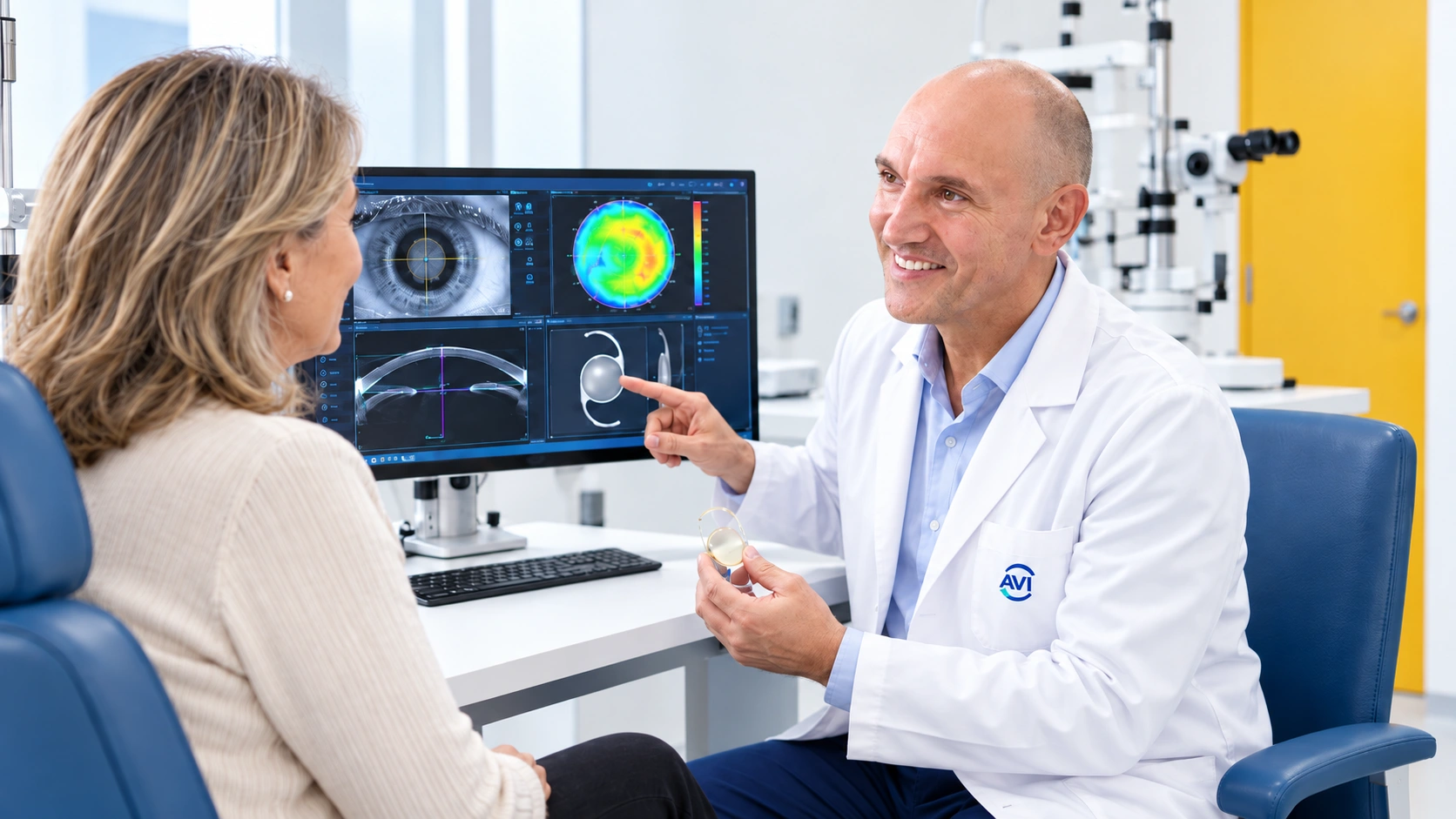 Médico explicando imágenes de un ojo a una paciente en consulta