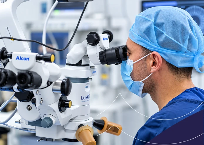 Médico en Clínica AVI® realizando cirugía oftalmológica con microscopio avanzado