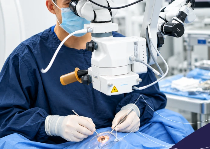 Cirujano en Clínica AVI realizando una cirugía conjuntiva con equipo especializado