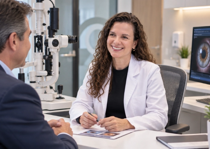 Oftalmóloga sonriente hablando con paciente en Clínica AVI durante una consulta oftalmológica