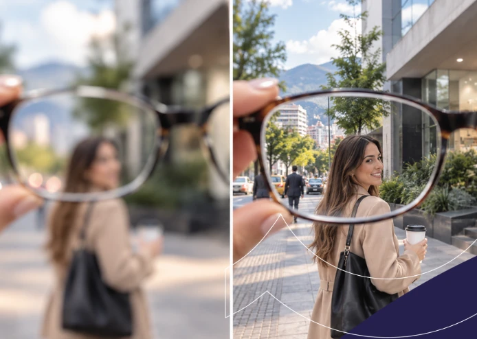 Mujer joven sonriendo en una calle urbana, vista a través de unas gafas, reflejando un estilo de vida activo y salud visual.
