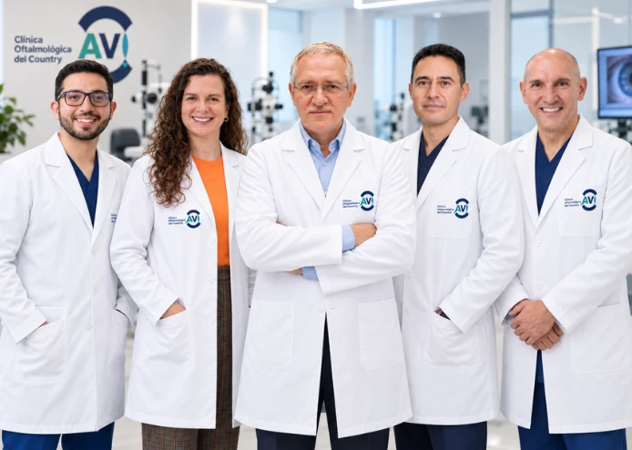 Equipo de especialistas oftalmología en Clínica AVI, con batas blancas y equipos médicos al fondo