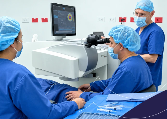 Equipo médico realizando un procedimiento de cirugía LASEK en Clínica AVI