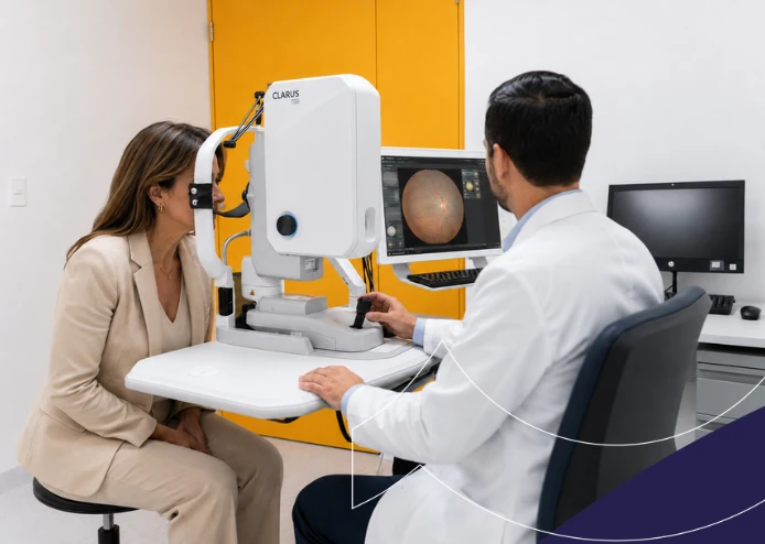 Médico realizando un examen ocular a una paciente en Clínica AVI