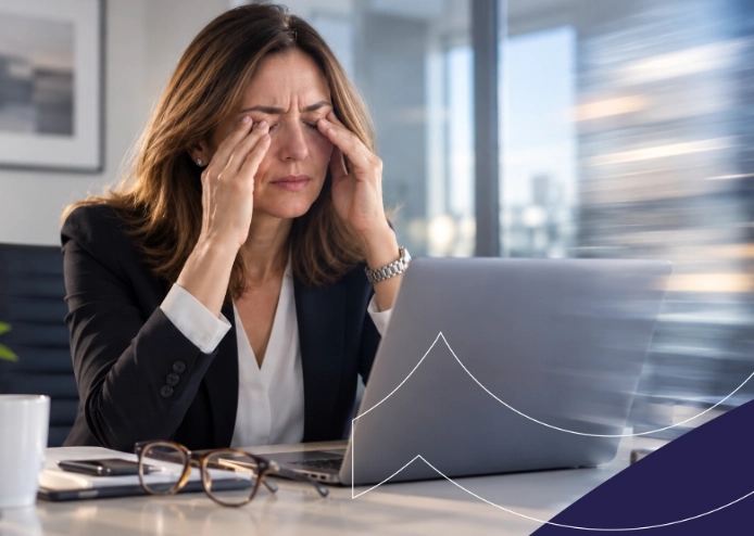 Mujer de mediana edad con expresión de cansancio trabajando en su portátil en una oficina luminosa