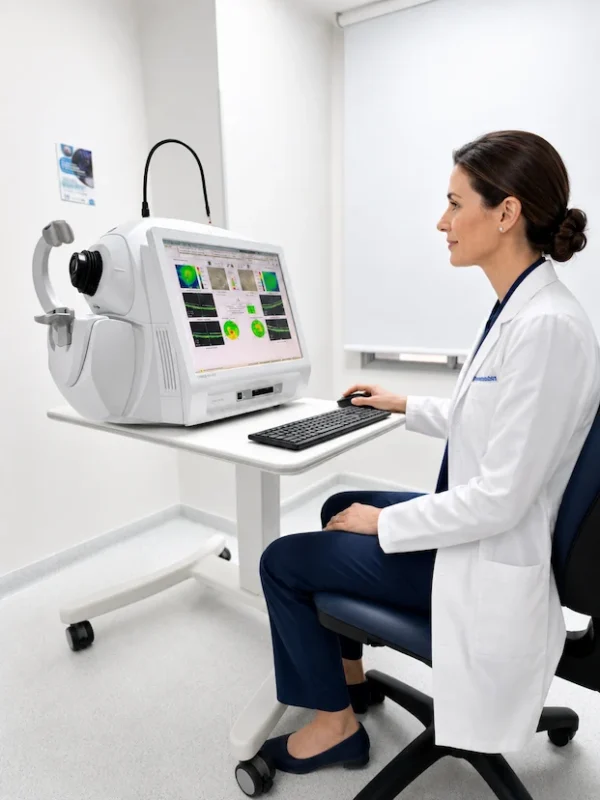 Profesional de la salud utilizando un equipo de tomografía de coherencia óptica para examinar el ojo