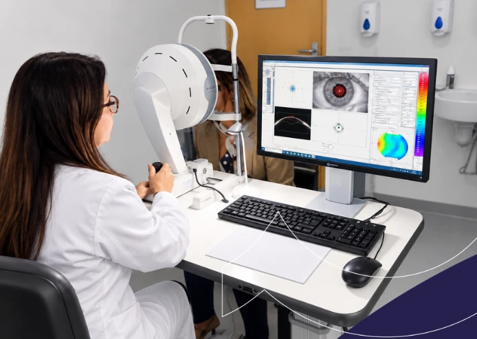 Oftalmóloga realizando examen de paquimetría con equipo avanzado mostrando datos del ojo en pantalla