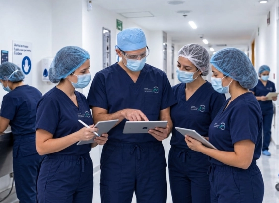 Equipo médico en las instalaciones de la Clínica AVI discutiendo un caso clínico con una tableta