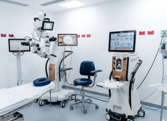 Sala de procedimientos médicos en la Clínica AVI con equipos avanzados y cama hospitalaria