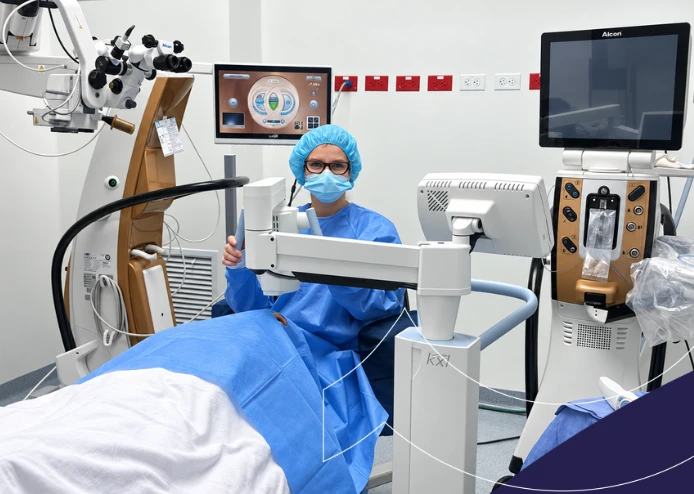 Médico en quirófano realizando cirugía crosslinking con equipos avanzados